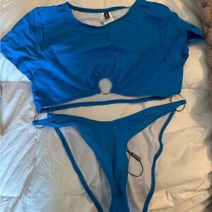 Vibrant Blue Two-Piece Swimsuit with Ring Accents